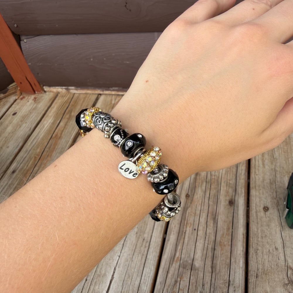 European Charm Bracelet Black Gold AB Rhinestone Glass Love Bead 925 Core